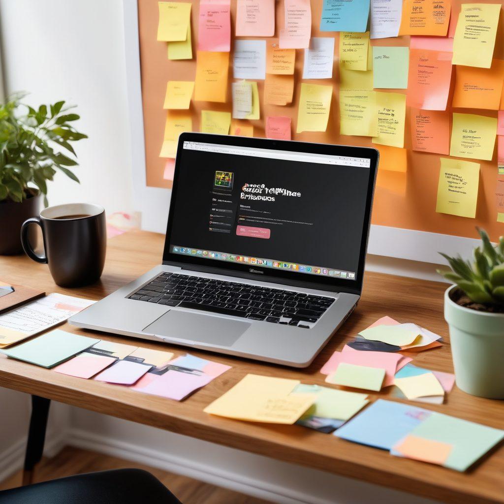 A dynamic workspace showcasing a laptop with an open blog editor, colorful sticky notes scattered around, a cup of coffee steaming, and an inspirational poster on the wall that reads 'Elevate Your Online Presence.' Include visual elements representing web design and content creation, such as design sketches, SEO charts, and social media icons. warm colors. super-realistic. inviting atmosphere.