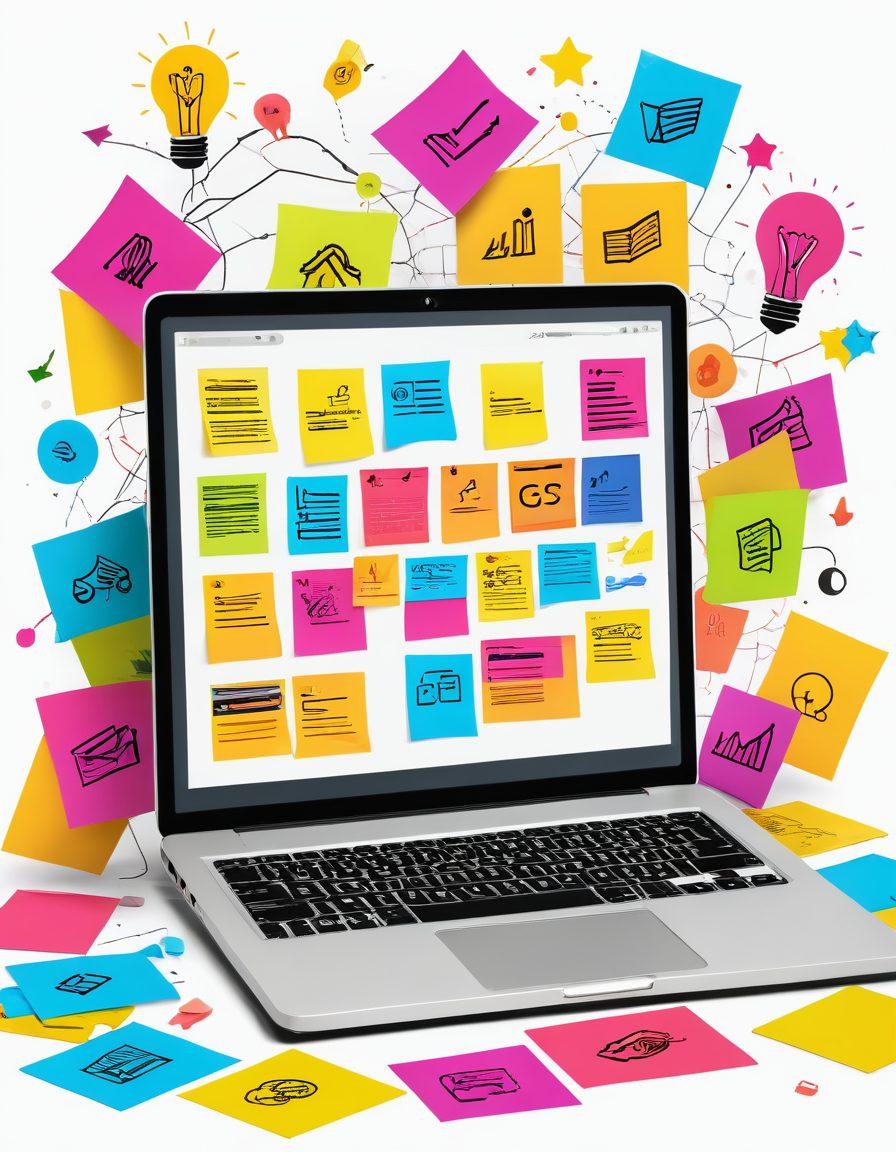 An open laptop displaying a vibrant, engaging article, surrounded by colorful sticky notes filled with creative ideas. In the background, abstract icons representing web development skills like HTML, CSS, and JavaScript float around, mingling with lightbulbs symbolizing innovation. Bright, energizing colors create a dynamic atmosphere, inviting exploration and creativity. vector art. vibrant colors. white background.