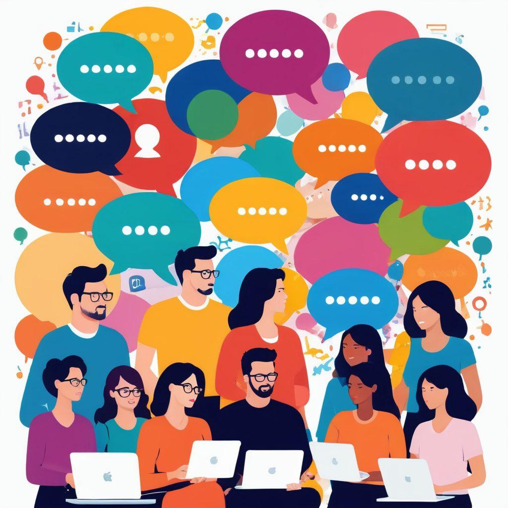 A vibrant illustration of diverse bloggers collaborating in a lively environment, surrounded by colorful speech bubbles filled with engaging content ideas and user comments. Include elements symbolizing content marketing, such as social media icons, charts, and a glowing community network. The backdrop should showcase a digital workspace blending creativity and interaction. bright colors. vector art.